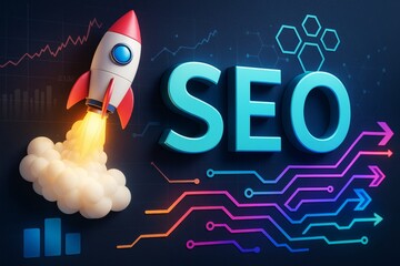 Aufkleber - SEO concept with rocket symbolizing growth and digital progress on dark background with colorful tech elements and abstract light patterns.