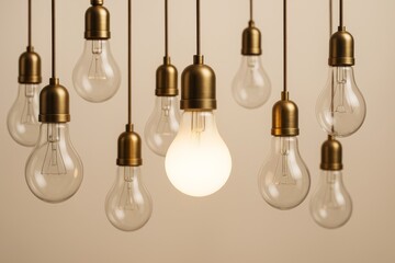 Poster - Illuminated light bulb among unlit bulbs symbolizing innovation and leadership on a warm beige background. Business inspiration concept.