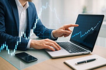 Poster - Businessman analyzing financial data on laptop with rising stock chart overlay on light office background for creative financial concept image.