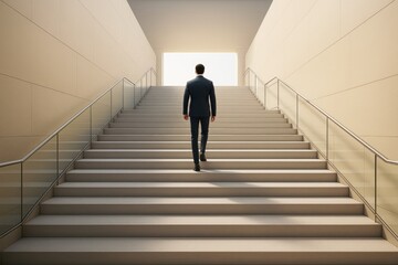 Poster - Businessman walking up wide staircase in modern building with bright light background, symbolizing ambition, success, and futuristic business goals.