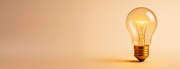 Poster - Glowing light bulb on warm beige background with copy space for business innovation, design template, or advertising concept presentation.