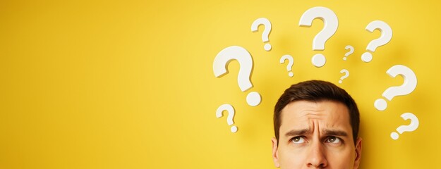 Poster - Confused man looking up with question marks above his head on yellow background, symbolizing doubt, problem solving, or decision making concept.