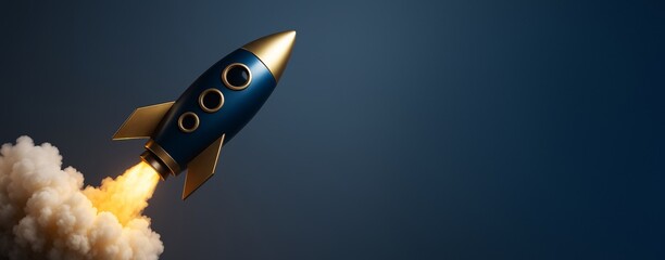 Leinwandbilder - Retro-style rocket launching with smoke trail on dark blue background, ideal for business promotion or creative advertising design mockup template.