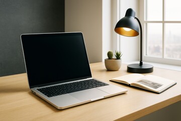 Poster - Workspace with laptop, open book, and desk lamp near window on light wooden surface for business or branding concept mockup template background.