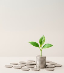 Aufkleber - Green plant sprouting from stacked coins symbolizing financial growth and investment opportunity on light background with copyspace for business design.