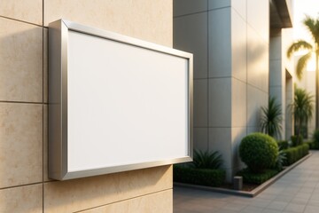 Aufkleber - Blank billboard mockup with metallic frame on modern building wall in business district at sunset with palm trees and clean architecture in background.