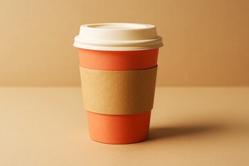 Poster - Orange takeaway coffee cup with kraft sleeve and white lid on beige background for branding or advertising mockup template concept.