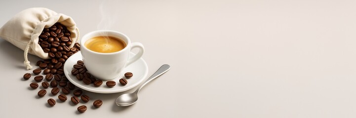Aufkleber - Steaming espresso in white cup with coffee beans and spoon on clean beige background with copyspace for advertising or promotion concept.