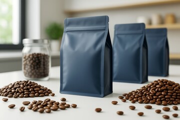 Aufkleber - Coffee packaging mockup with blank blue bags and roasted beans on clean light background for branding, poster, banner, or product promotion template.