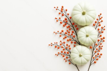 Aufkleber - White pumpkins and orange berries arranged on light background for autumn food and seasonal decoration concept with copy space on left.