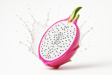 Aufkleber - Fresh dragon fruit half with splash of water on white background, showcasing vibrant colors and juicy texture in a clean, minimal style.