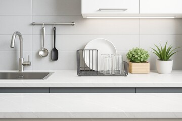 Poster - Modern white kitchen countertop with clean dishes, sink, plants, and utensils against tiled wall background in minimalistic bright interior style.