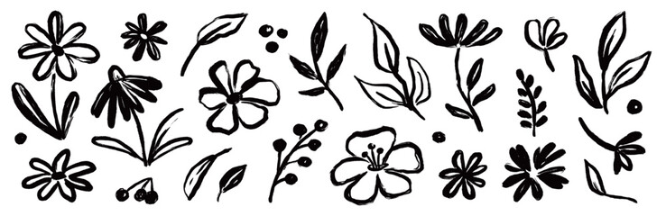 Poster - Flower brush hand drawn vector set. Hand drawn doodle flower, floral leaf elements in brush stroke ink style. Simple abstract botanical silhouette set for nature black paint art. Vector illustration