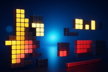 Poster - Glowing abstract blocks forming pixel art style shapes on a dark blue background with bright gradient light and digital game-inspired design concept.