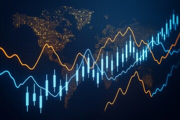 Poster - Financial market graph with glowing lines and candlestick chart over world map background, illustrating global economy and stock trading concept.