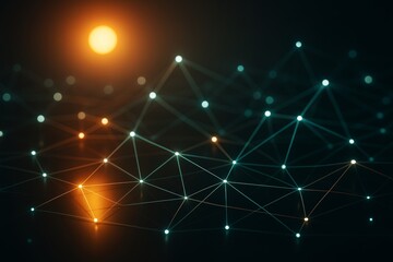Poster - Abstract glowing network of connected points and lines with orange and blue light on dark background, symbolizing futuristic digital connectivity.