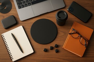 Poster - Modern workspace setup with laptop, notebook, phone, coffee cup, and accessories on wooden background in soft light, productivity concept graphic style.