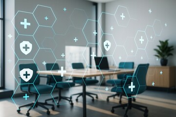 Aufkleber - Futuristic digital health interface overlay on modern office background with glowing hexagonal medical icons and symbols in light blue tones.