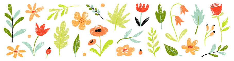 Aufkleber - Flower spring vector garden cute element set. Hand drawn pastel flower, leaf, wildflower daisy cute elements with crayon chalk texture. Doodle garden floral plant kid background. Vector illustration