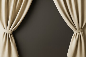 Poster - Beige curtains pulled to the sides revealing empty dark background for template or graphic design with copyspace concept for promotion or branding.