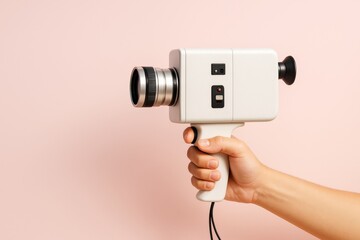 Poster - Hand holding vintage movie camera on pastel background, minimalistic design emphasizing retro film equipment for creative hobby concept.