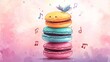 © Sinechana - 87.A stack of colorful macaroons with cute, hand-drawn doodle details like tiny wings, smiling faces, and musical notes, set against a soft gradient background.