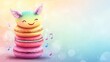 © Sinechana - 87.A stack of colorful macaroons with cute, hand-drawn doodle details like tiny wings, smiling faces, and musical notes, set against a soft gradient background.