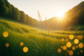 Poster - Peaceful sunrise over green valley landscape with glowing grass and magical golden light effects in soft dreamy nature background scene.