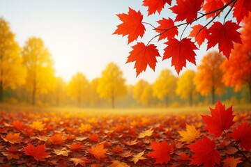 Poster - Bright red and orange autumn maple leaves on ground and tree branch in colorful forest with golden light and soft background in fall landscape scene.