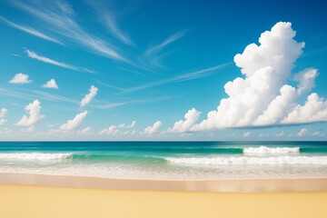 Poster - Tropical seascape with clear turquoise water, golden beach, and dramatic cumulus clouds under a bright blue sky in sunlight.