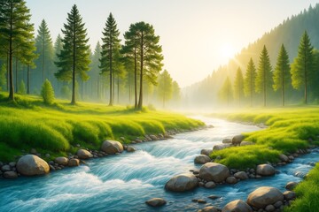 Poster - Serene forest river landscape with glowing morning light and misty background in peaceful nature environment. Ai generative.