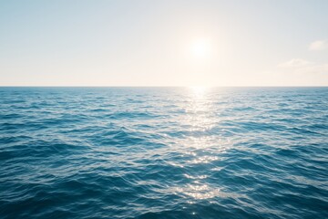 Poster - Calm ocean water surface with sparkling sunlight reflection under clear sky during tranquil day in natural seascape background setting.