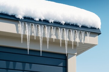 Poster - Icicles hanging from snow-covered house roof edge under clear blue sky on a bright winter day background.
