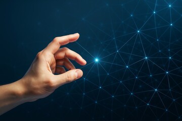 Aufkleber - Human hand touching digital network node on futuristic blue background symbolizing data connection and technology interaction concept.