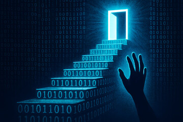Poster - Digital Ascent: A striking visualization of digital progress. A hand reaches towards a bright, open doorway at the top of a staircase.