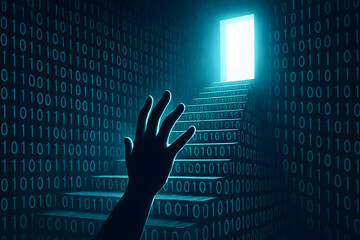 Poster - Reaching for the Digital Door: A lone hand reaches towards a glowing doorway in a digital world, symbolizing the pursuit of knowledge, opportunity, and the unknown in the digital realm.