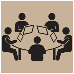 Fototapete - A black and beige vector illustration depicting a group meeting with laptops