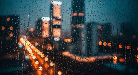Poster - Rain falling on window with city skyline in background