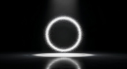 Poster - Glowing circle floating in dark empty room with spotlight