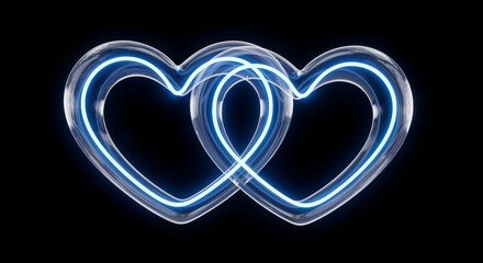 Poster - Two glowing glassy intertwined hearts symbolizing love and romance on black background