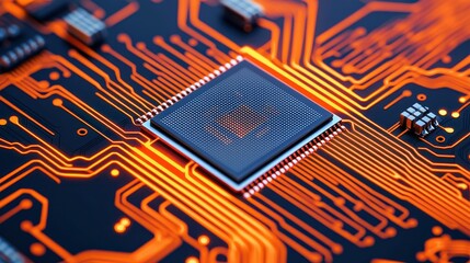 Poster - Close-Up of Modern Microprocessor on a High-Tech Circuit Board with Glowing Orange Lines and Details