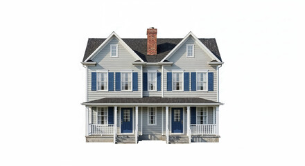 Poster - Classic american duplex house with blue shutters and porch on white background