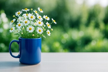Poster - Bouquet of daisies in a blue mug on a wooden table with natural green bokeh background in soft daylight, symbolizing freshness and simplicity.