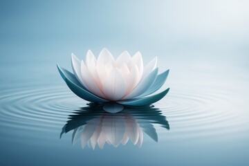 Poster - Serene lotus flower gently floating on calm water, soft light and pastel tones creating peaceful abstract floral concept on blue background.