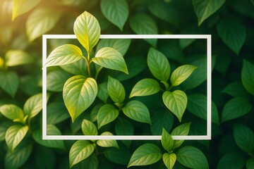 Poster - Creative concept of green plant leaves framed with white border on lush foliage background and bright soft light, emphasizing natural beauty..