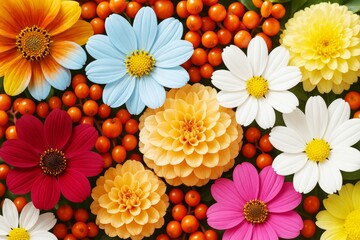Poster - Colorful assorted flowers and berries on vibrant background showcasing natural beauty and creative floral arrangement.