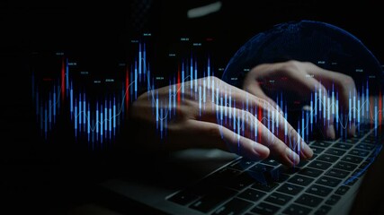 Poster - Close-up of hands on laptop keyboard with glowing financial charts and data, representing stock trading, investment analysis, and real-time market trends.