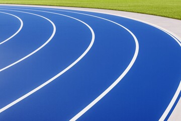 Poster - Curved blue running track with white lines on sunny day, next to green grass field, viewed from low angle on clean and minimal background.