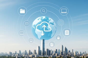 Aufkleber - Cloud computing technology concept with earth globe and digital icons over modern city skyline on a clear blue sky background. Ai generative.