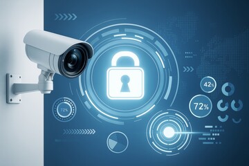 Poster - Surveillance camera on wall with digital padlock symbol and futuristic tech interface on blue background representing cybersecurity concept.